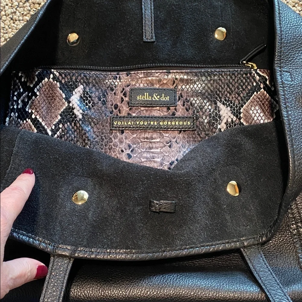 Stella & Dot Black Leather Tote with Snakeskin Accent